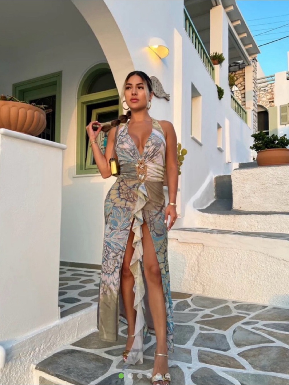 Jaded London Cindy Plunge Sage and Blue Floral Halter Ruffle Maxi Dress